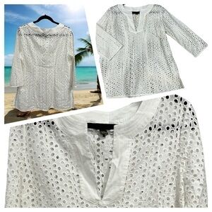 Tommy Bahama 100% cotton White Eyelet Tunic Blouse Swim Suit Cover size M